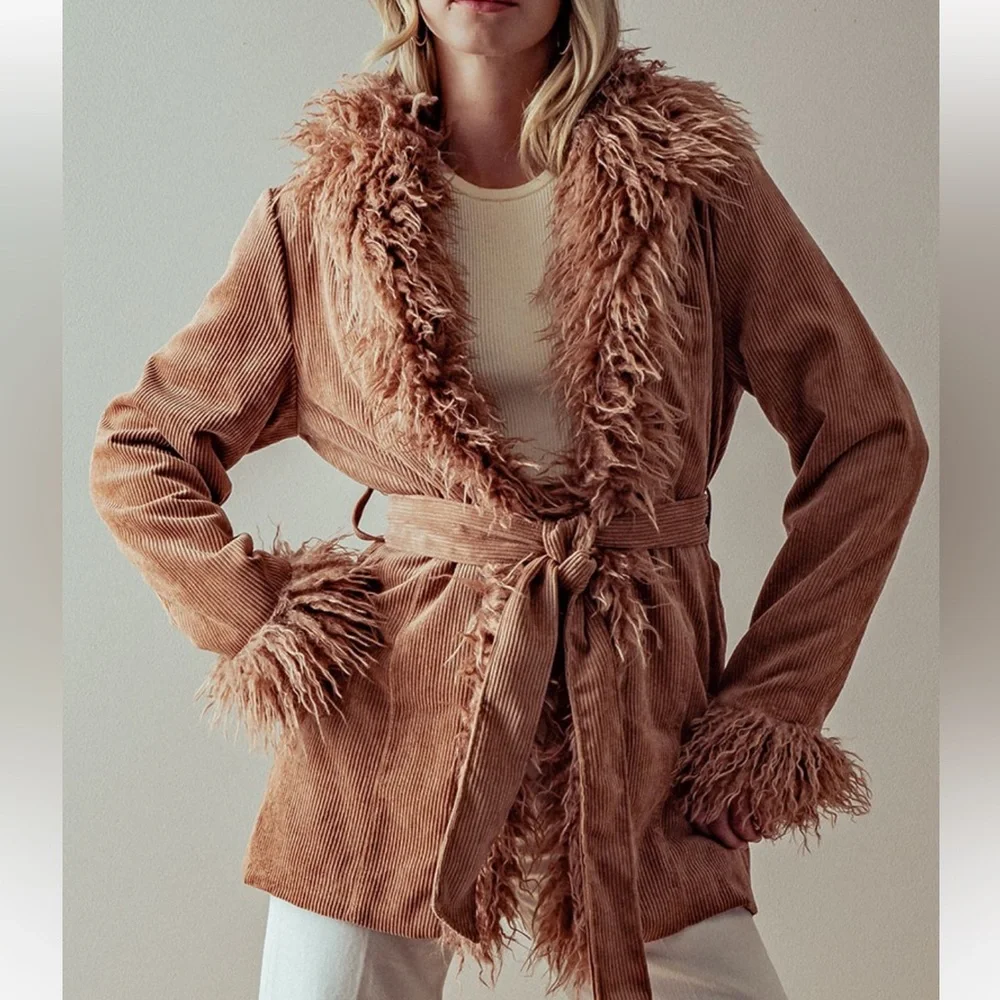 HIPPIE FAUX FUR COAT WITH WAIST TIE - CAMEL - Picture 1 of 5